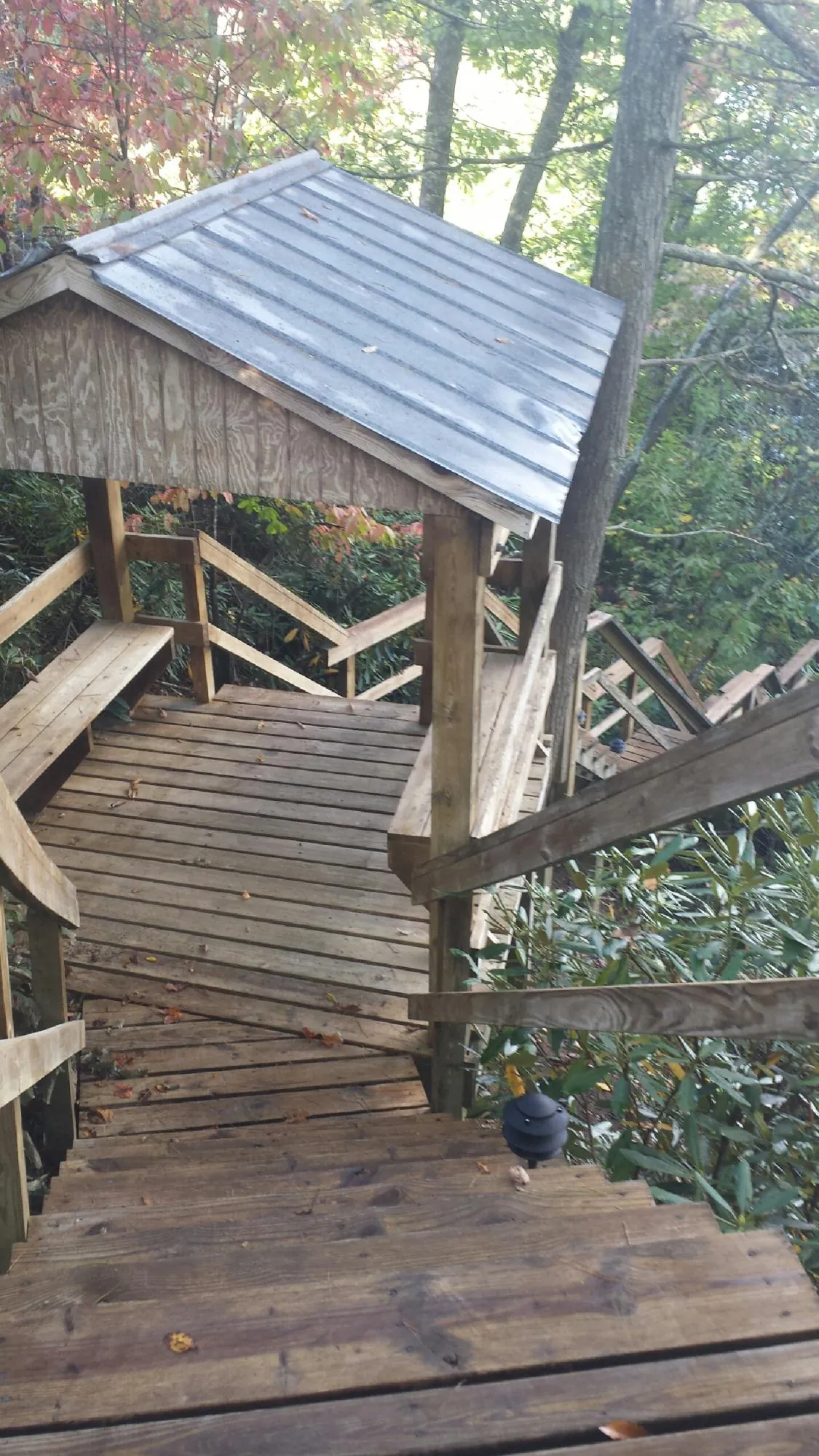 Metal roofed shelter over wooden steps on a wooded walkway — Skylight Repair & Installation work by our crew in Lansing